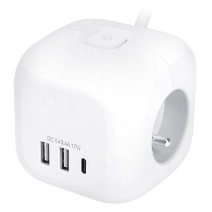 Obrázek Solight 3z + USB A+C prodlužovací přívod - kostka, kabel 2m, 3 x 1mm2, bílý, vypínač