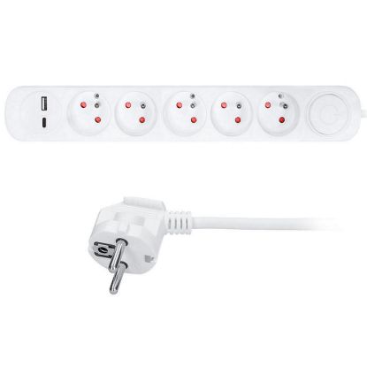 Obrázek Solight prodlužovací přívod 5 zásuvek, USB A+C nabíječka 12 W, 3m, 3 x 1mm2, bílý, vypínač