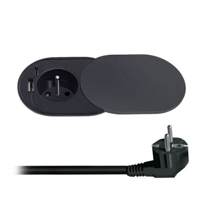 Obrázek Solight 1z + USB A+C 20 W PD vestavná zásuvka s posuvným víčkem, 2m, matná černá