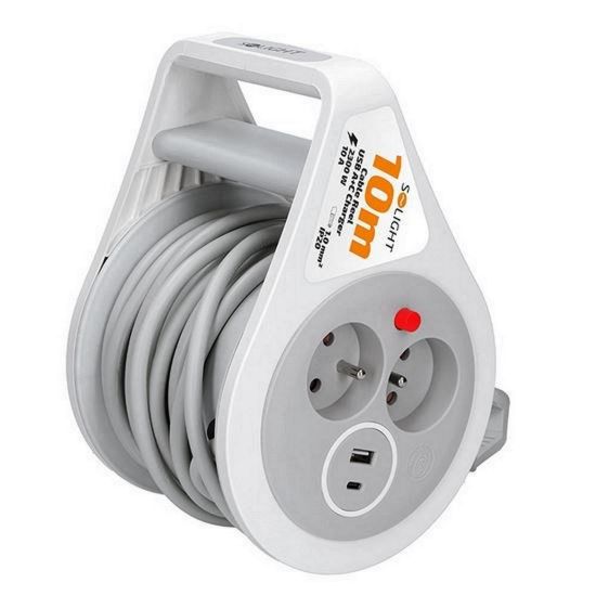 Obrázek Solight prodlužovací přívod na bubnu 10m, USB A+C, 2 zásuvky, šedý kabel, 3x 1, 0mm2