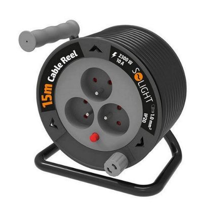Obrázek Solight prodlužovací přívod na bubnu 15m, 3 zásuvky, černý kabel, 3x 1, 0mm2