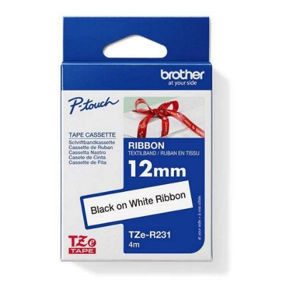 Obrázek BROTHER TZE- R231 - kazeta TZ šířky 12mm, TEXTILNÍ páska 4m- pro tvorbu dárků - NELEPÍCÍ - BÍLÁ PÁSKA, ČERNÝ POTISK
