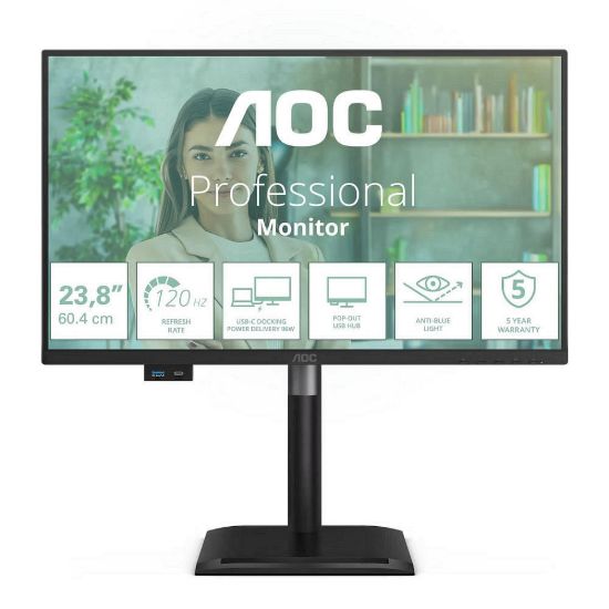 Obrázek AOC MT IPS LCD WLED 23, 8" 24P4CV - IPS panel, 1920 x 1080, 120 Hz, HDMI, DP, USB- C, USB Hub, RJ45, Pivot, repro