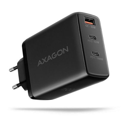 Obrázek AXAGON ACU- DP Q100, GaN nabíječka do sítě 100 W, 3x port (USB- A + dual USB- C), PD3.0/ PPS/ QC4+/ Apple, černá