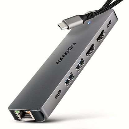 Obrázek AXAGON HMC- 7HX2, USB 5Gbps hub, 2x USB- A, USB- C, 2x HDMI 4k/ 60 Hz, RJ- 45 GLAN, PD 100 W, kabel USB- C 15cm