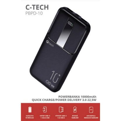 Obrázek C- TECH Powerbanka 10000mAh, Li- Pol, 22, 5 W, USB- C/ USB- A/ micro USB