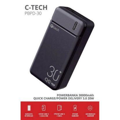Obrázek C- TECH Powerbanka 30000mAh, Li- Pol, 20 W, USB- C/ USB- A/ micro USB