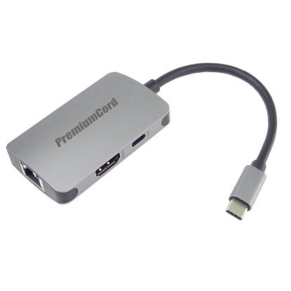 Obrázek PREMIUMCORD Adaptér USB- C na HDMI + RJ45 + PD adaptér, hliníkové pouzdro