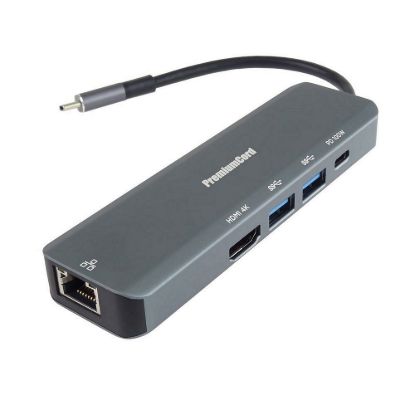 Obrázek PREMIUMCORD Adaptér USB- C na Gigabit 10/ 100/ 1000Mbps + 1x HDMI, 2x USB3.2, 1x PD 100 W konektor, Šedá