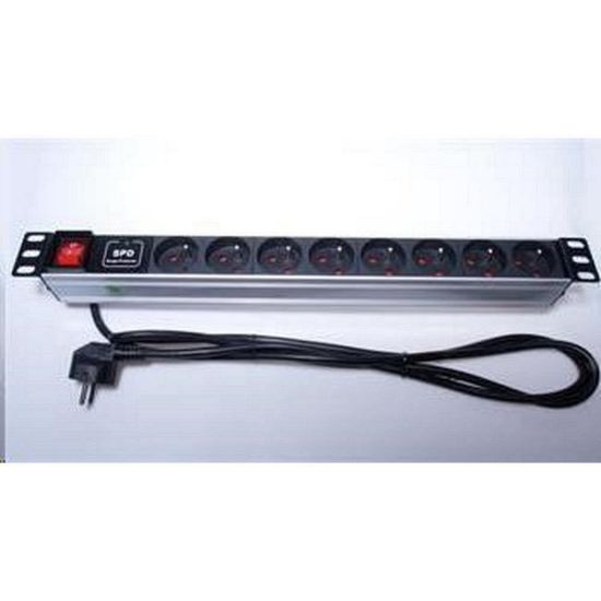 Obrázek PremiumCord Panel napájecí 1U do 19" racku, 8 x 230V, přepěťová ochrana, 2m kabel, vypínač