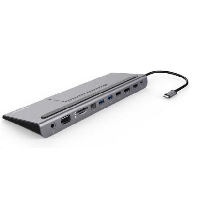 Obrázek PREMIUMCORD Dokovací stanice USB- C 8v1, 1xDP, 1xHDMI, 1xVGA, 1xUSB- C, 3xUSB, 1xRJ45, šedá