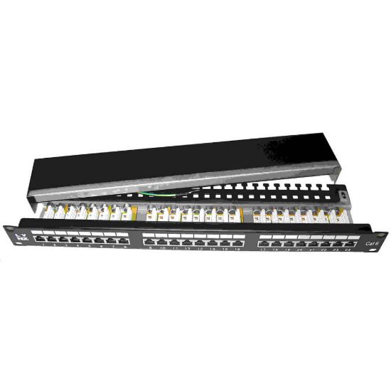 Obrázek 19" Patch panel LYNX 24port, STP, Cat6, 30µm, duální svorkovnice, černý
