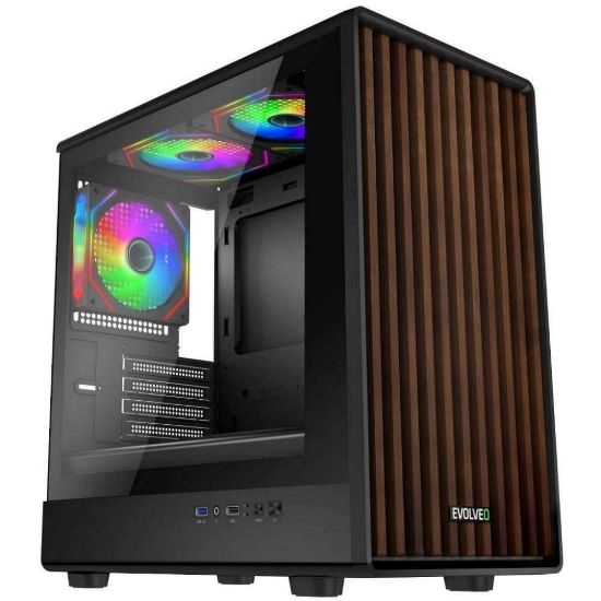 Obrázek EVOLVEO Panthera, skříň mATX, 3x ARGB ventilátor 120mm, dřevěný přední panel + skleněná bočnice