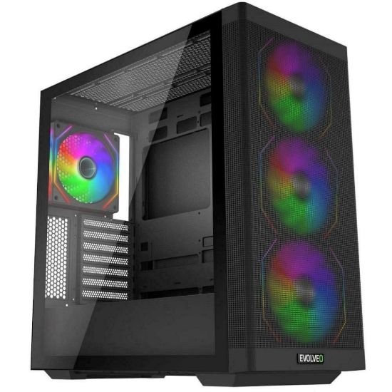 Obrázek EVOLVEO Scorpio, skříň eATX/ ATX, 4x ARGB ventilátor 120mm, boční panel temperované sklo + mřížkovaný přední panel