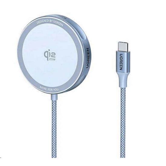 Obrázek UGREEN magnetická bezdrátová nabíječka MagFlow Qi2.2 25 W, MagSafe, stříbrná