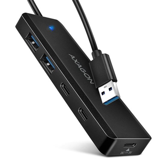 Obrázek AXAGON HUE- C2A, 4× USB 5Gbps TRAVEL hub, 2× USB- A + 2× USB- C, USB- C napájení, kabel USB- A 19cm