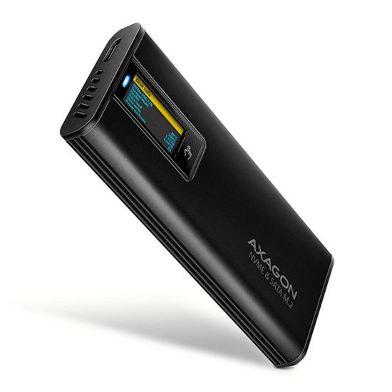 Obrázek AXAGON EEM2- SD2B, USB- C 10Gbps externí box s displejem pro M.2 NVMe/ SATA SSD, bezšroubkový, černý