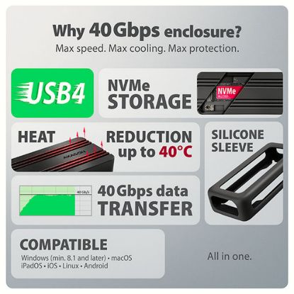 Obrázek AXAGON EEM2- 40G, USB- C 40Gbps externí box pro M.2 NVMe SSD, zesílený hliník