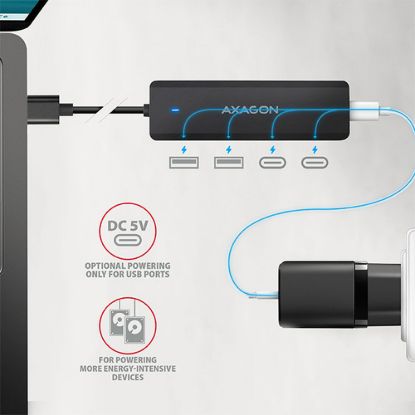 Obrázek AXAGON HUE- C2A, 4× USB 5Gbps TRAVEL hub, 2× USB- A + 2× USB- C, USB- C napájení, kabel USB- A 19cm