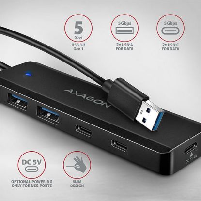 Obrázek AXAGON HUE- C2C, 4× USB 5Gbps TRAVEL hub, 2× USB- A + 2× USB- C, USB- C napájení, kabel USB- C 19cm
