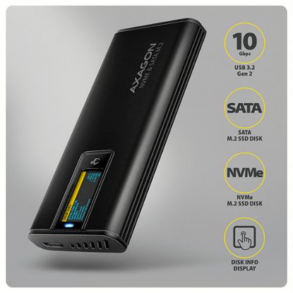Obrázek AXAGON EEM2- SD2B, USB- C 10Gbps externí box s displejem pro M.2 NVMe/ SATA SSD, bezšroubkový, černý