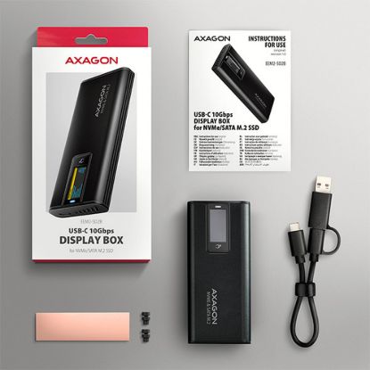 Obrázek AXAGON EEM2- SD2B, USB- C 10Gbps externí box s displejem pro M.2 NVMe/ SATA SSD, bezšroubkový, černý