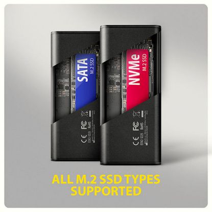 Obrázek AXAGON EEM2- SD2B, USB- C 10Gbps externí box s displejem pro M.2 NVMe/ SATA SSD, bezšroubkový, černý