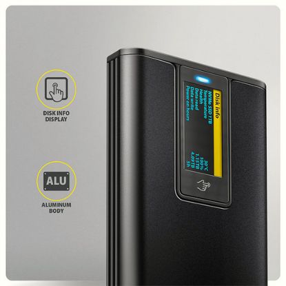 Obrázek AXAGON EEM2- SD2B, USB- C 10Gbps externí box s displejem pro M.2 NVMe/ SATA SSD, bezšroubkový, černý