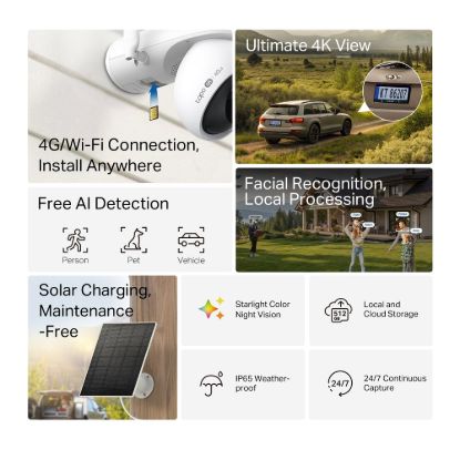 Obrázek TP- Link Tapo C665G KIT venkovní 4G LTE kamera, solární panel (8MP, 4K, 2168p, IR, 4G LTE, micro SD card, IP65)