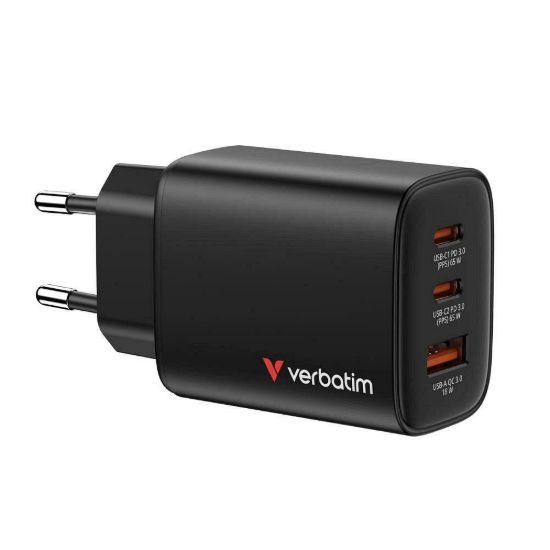 Obrázek VERBATIM GaN Nabíječka Essentials 65 W, 2xUSB- C, 1xUSB- A, černá