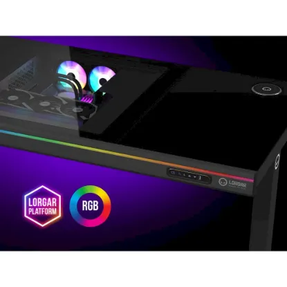 Obrázek LORGAR stůl s volitelnou výškou, vestavěnou skříní pro PC, bezdrátovou nabíječkou, RGB a USB porty, tvrzené  sklo