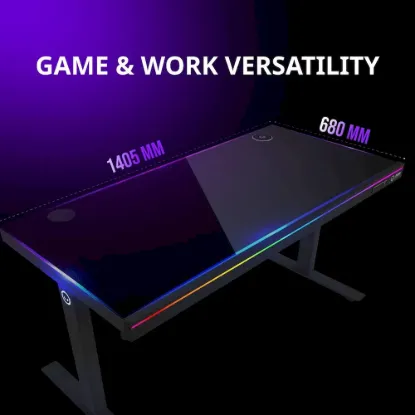 Obrázek LORGAR stůl s volitelnou výškou, vestavěnou skříní pro PC, bezdrátovou nabíječkou, RGB a USB porty, tvrzené  sklo