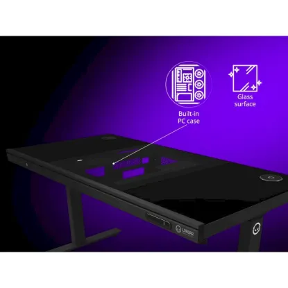 Obrázek LORGAR stůl s volitelnou výškou, vestavěnou skříní pro PC, bezdrátovou nabíječkou, RGB a USB porty, tvrzené  sklo