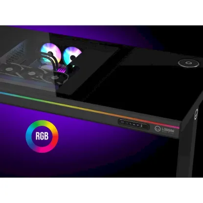 Obrázek LORGAR stůl s volitelnou výškou, vestavěnou skříní pro PC, bezdrátovou nabíječkou, RGB a USB porty, tvrzené  sklo