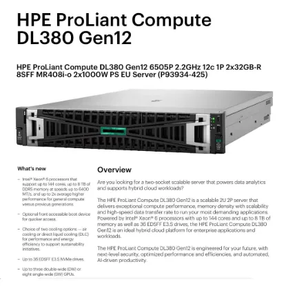 Obrázek HPE PL DL380g12 6505P (2.2/ 12C) 2 x 32G (P69727) 8SFF MR408i- o 2 x 1000 W 2p10G- T 4stdfans NBD333 Smart Choice