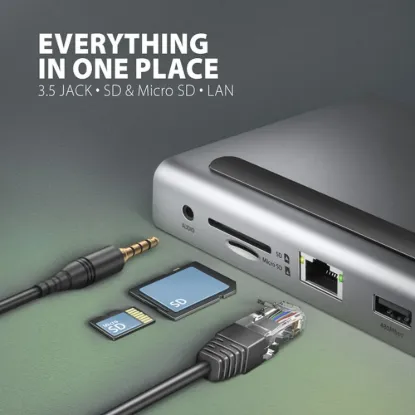 Obrázek AXAGON HMC- 4KX3 USB 5Gbps hub, 3x USB- A, 2x HDMI, DP, RJ- 45 GLAN, SD/ microSD, audio, PD 100 W, kabel USB- C 40cm