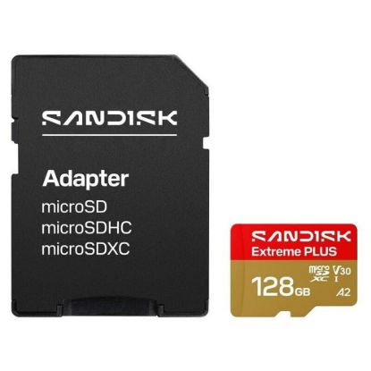 Obrázek SanDisk MicroSDHC karta 128 GB Extreme PLUS (R250/ W120MB/ s, UHS- I V30, Rescue Pro Deluxe) + adaptér
