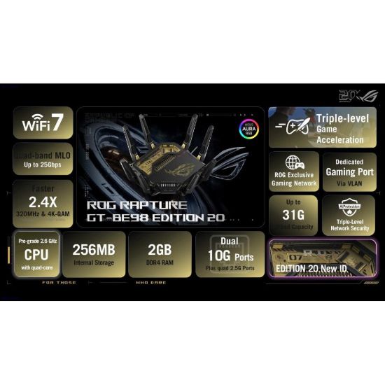 Obrázek ASUS ROG Rapture GT- BE98 EDITION 20 Gaming Router, WiFi 7, Dual 10G Ports, AURA RGB, AiMesh