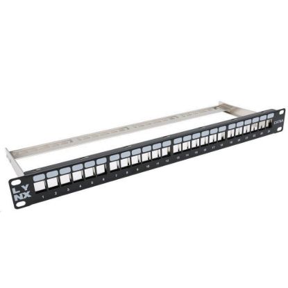 Obrázek LYNX Patch panel, 19'', 24 portů, 1U, Cat5e/ 6/ 6A/ 7, neosazený, stíněný, vyvazovák, černý