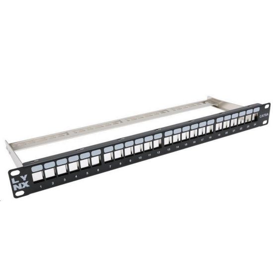 Obrázek LYNX Patch panel, 19'', 24 portů, 1U, Cat5e/ 6/ 6A/ 7, neosazený, stíněný, vyvazovák, černý