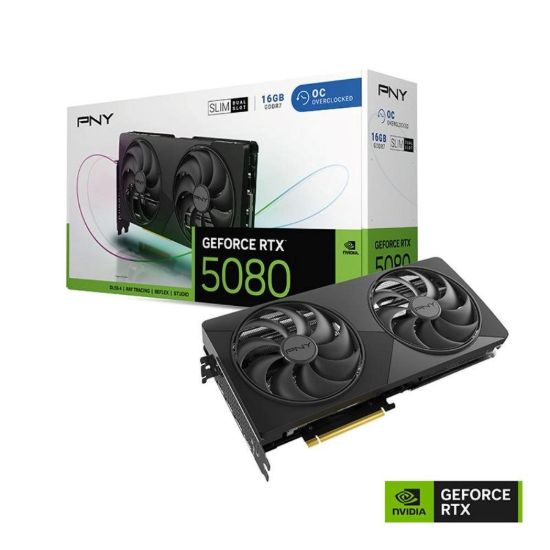 Obrázek PNY VGA Nvidia GeForce RTX 5080 16 GB OC Dual Fan slim, RTX 5080 OC, 16 GB GDDR7, 3xDP, 1xHDMI