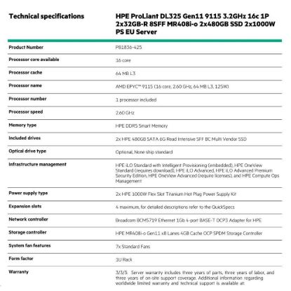 Obrázek HPE PL DL325g11 AMD Epyc 9355P (3.6/ 32C) 2 x 32G (P64985) 2 x 1000 W MR408i- o/ 4G 8SFF 4p1Gocp 7PF Smart Choice