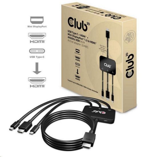 Obrázek Club3D adaptér aktivní USB Type- C + Mini DP 1.2 + HDMI na HDMI 4K60 Hz HDR, M/ M, 32AWG