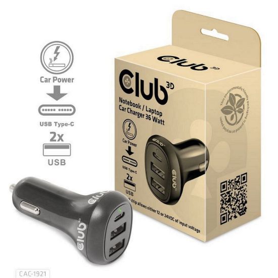 Obrázek Club3D Auto nabíječka pro Notebooky 36 W, 3 porty (2xUSB- A + USB- C)