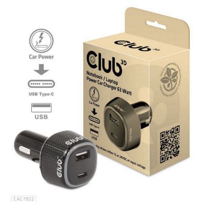 Obrázek Club3D Auto nabíječka pro Notebooky 63 W, 2 porty (USB- A + USB- C)