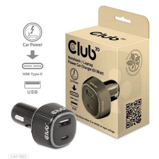 Obrázek Club3D Auto nabíječka pro Notebooky 63 W, 2 porty (USB- A + USB- C)