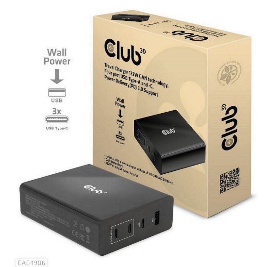 Obrázek Club3D cestovní nabíječka 132 W GAN technologie, 4xUSB- A a USB- C, PD 3.0 Support