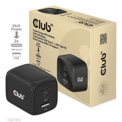 Obrázek Club3D cestovní nabíječka 65 W GAN technologie, 3 porty (2xUSB- C + USB- A), PPS, Power Delivery(PD) 3.0 Support