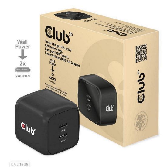 Obrázek Club3D cestovní nabíječka PPS 45 W GAN technologie, Dual port USB Type- C, Power Delivery(PD) 3.0 Support