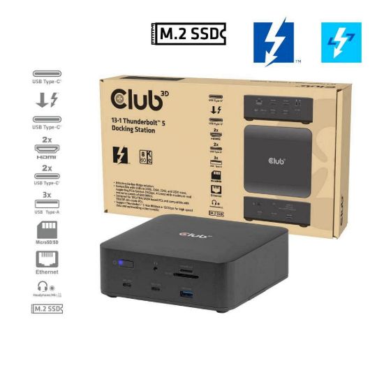 Obrázek Club3D Dokovací stanice Thunderbolt 5 13v1, 1x M.2 SSD slot, 1xUSB- C TB5, 2xUSB- C, 3xUSB- A, 2xHDMI, 1xmicroSD/ SD…